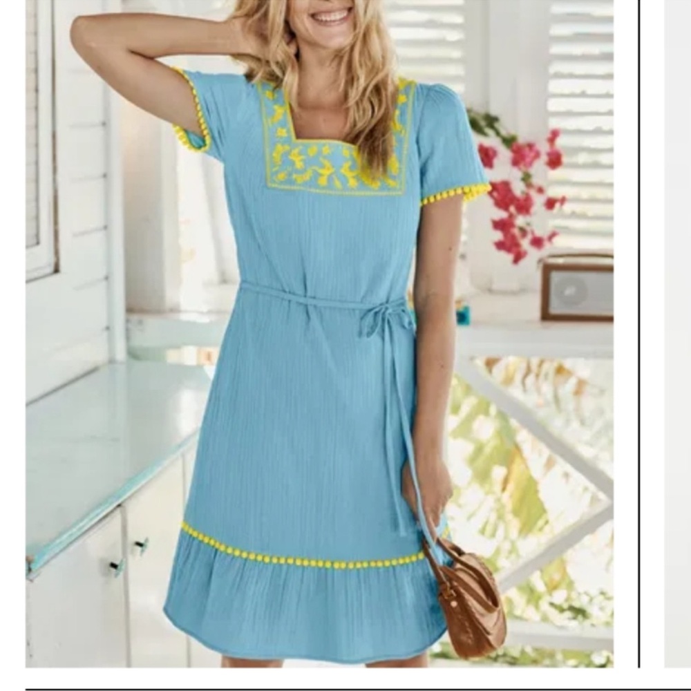 💙💛Boden Bernadette Embroidered Heron Blue & Yellow Square Neck Dress 2💙💛
